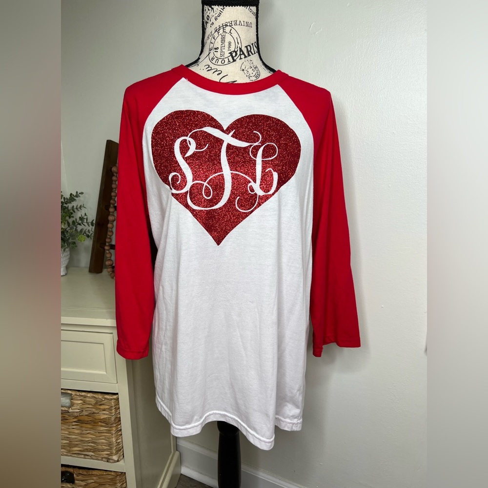 Bella Canvas Ragland Top with Glitter Heart Monogram